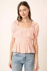 Peach Ruffle Detail Puff Sleeve Peplum Blouse