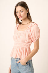 Peach Ruffle Detail Puff Sleeve Peplum Blouse