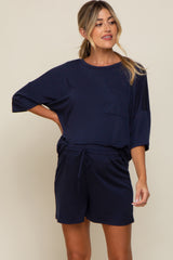 Navy Blue Pocket Front Short Sleeve Maternity Pajama Short Set