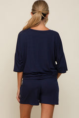 Navy Blue Pocket Front Short Sleeve Maternity Pajama Short Set