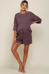 Plum Pocket Front Short Sleeve Maternity Pajama Short Set