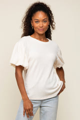 Cream Textured Knit Short Puff Sleeve Maternity Top