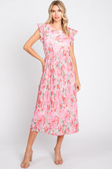 Pink Floral Chiffon Pleated Maternity Midi Dress