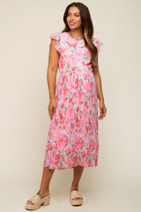 Pink Floral Chiffon Pleated Maternity Midi Dress