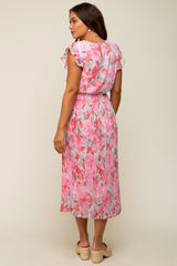 Pink Floral Chiffon Pleated Maternity Midi Dress