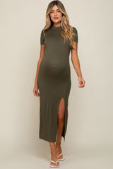 Olive Mock Neck Front Slit Short Sleeve Maternity Maxi Dress