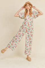 Ivory Floral Wide Leg Puff Sleeve Jumpsuit