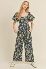 Navy Floral Wide Leg Puff Sleeve Jumpsuit