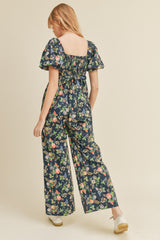 Navy Floral Wide Leg Puff Sleeve Jumpsuit