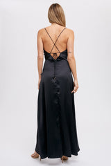 Black Drape Neck Silky Maxi Dress