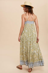 Green Floral Border Print Maxi Dress