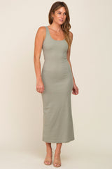 Light Olive Ribbed Basic Maxi Dress