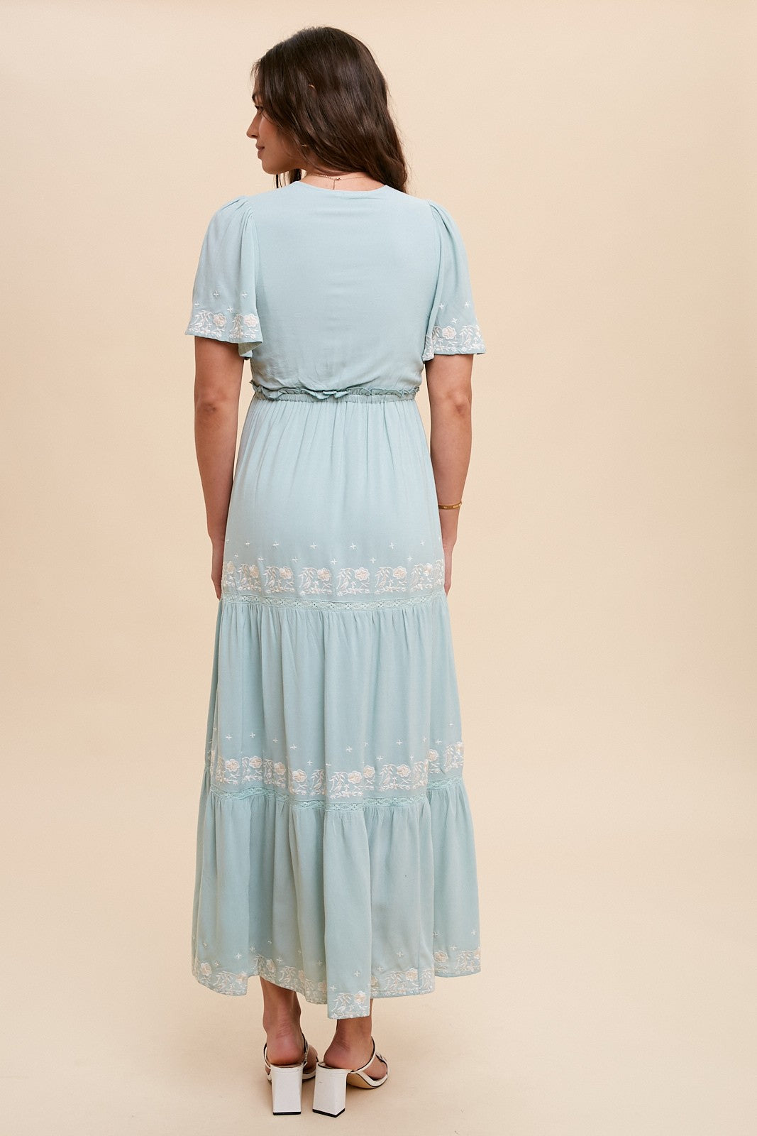 Mint Green Floral Embroidered Tiered Maxi Dress