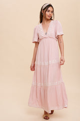 Light Pink Floral Embroidered Tiered Maternity Maxi Dress