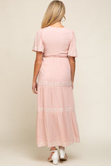 Light Pink Floral Embroidered Tiered Maternity Maxi Dress