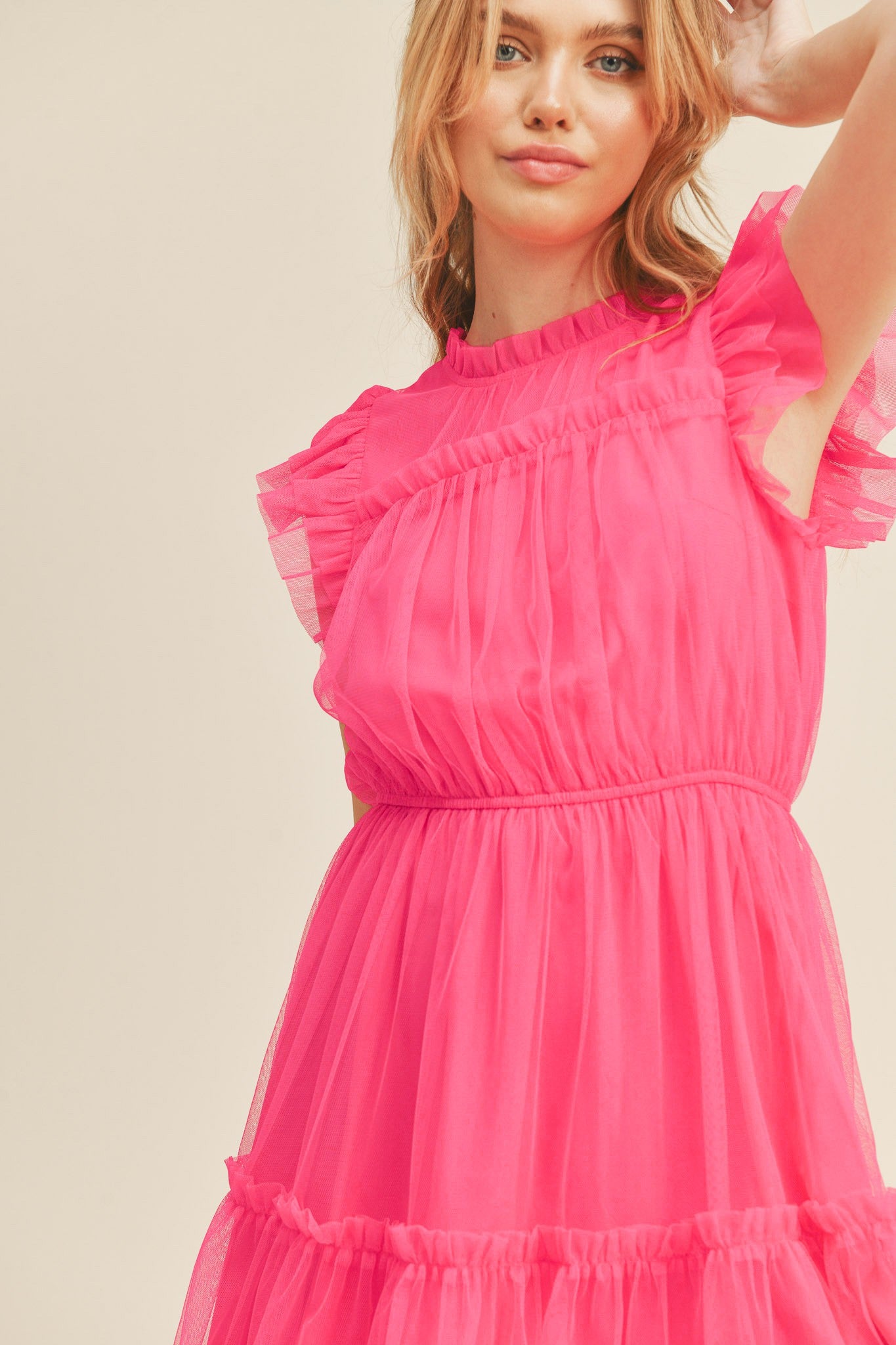 Electric Pink Mesh Ruffled Mini Dress