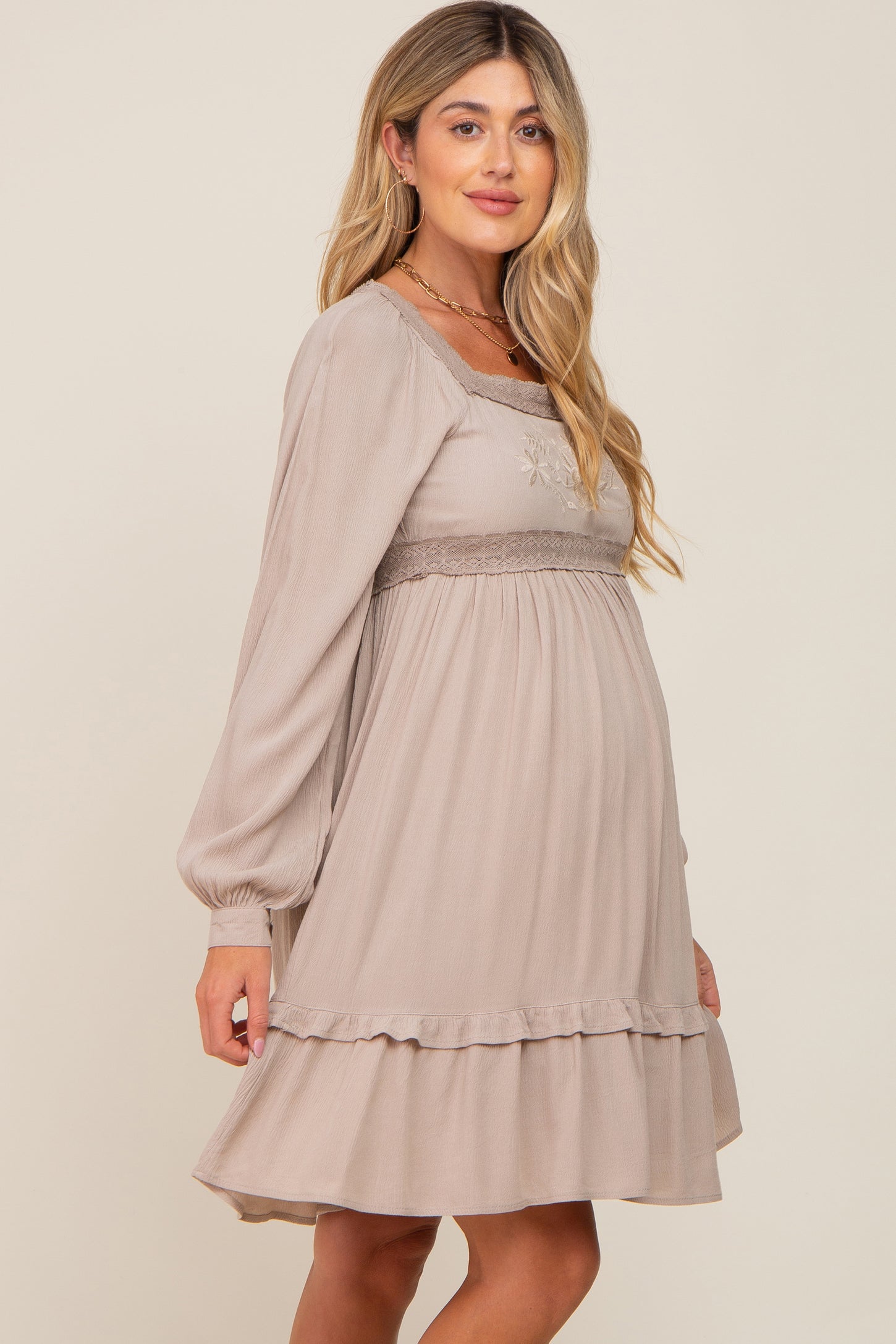 Taupe Lace Embroidered Square Neck Maternity Dress