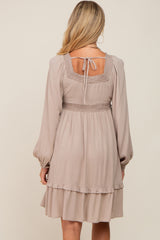 Taupe Lace Embroidered Square Neck Maternity Dress