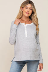 Grey Striped Button Front Long Sleeve Maternity Top