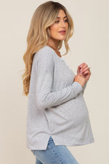 Grey Striped Button Front Long Sleeve Maternity Top