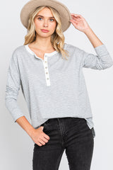 Grey Striped Button Front Long Sleeve Top