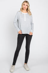 Grey Striped Button Front Long Sleeve Top