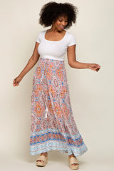 Blue Printed Smocked Waist Maxi Skirt