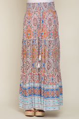 Blue Printed Smocked Waist Maternity Maxi Skirt