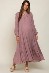 Mauve Ruffle Mock Neck Embroidered Tiered Maternity Midi Dress