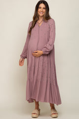 Mauve Ruffle Mock Neck Embroidered Tiered Maternity Midi Dress