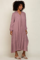 Mauve Ruffle Mock Neck Embroidered Tiered Midi Dress