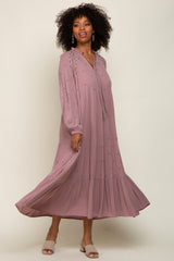 Mauve Ruffle Mock Neck Embroidered Tiered Midi Dress