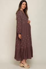 Brown Ruffle Mock Neck Embroidered Tiered Maternity Maxi Dress