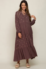 Brown Ruffle Mock Neck Embroidered Tiered Maternity Maxi Dress