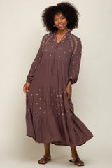 Brown Ruffle Mock Neck Embroidered Tiered Maternity Maxi Dress