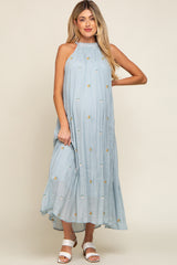 Light Blue Floral Embroidered Smocked Halter Maternity Midi Dress