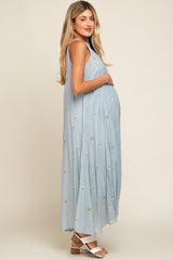 Light Blue Floral Embroidered Smocked Halter Maternity Midi Dress