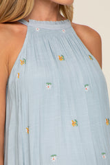 Light Blue Floral Embroidered Smocked Halter Maternity Midi Dress