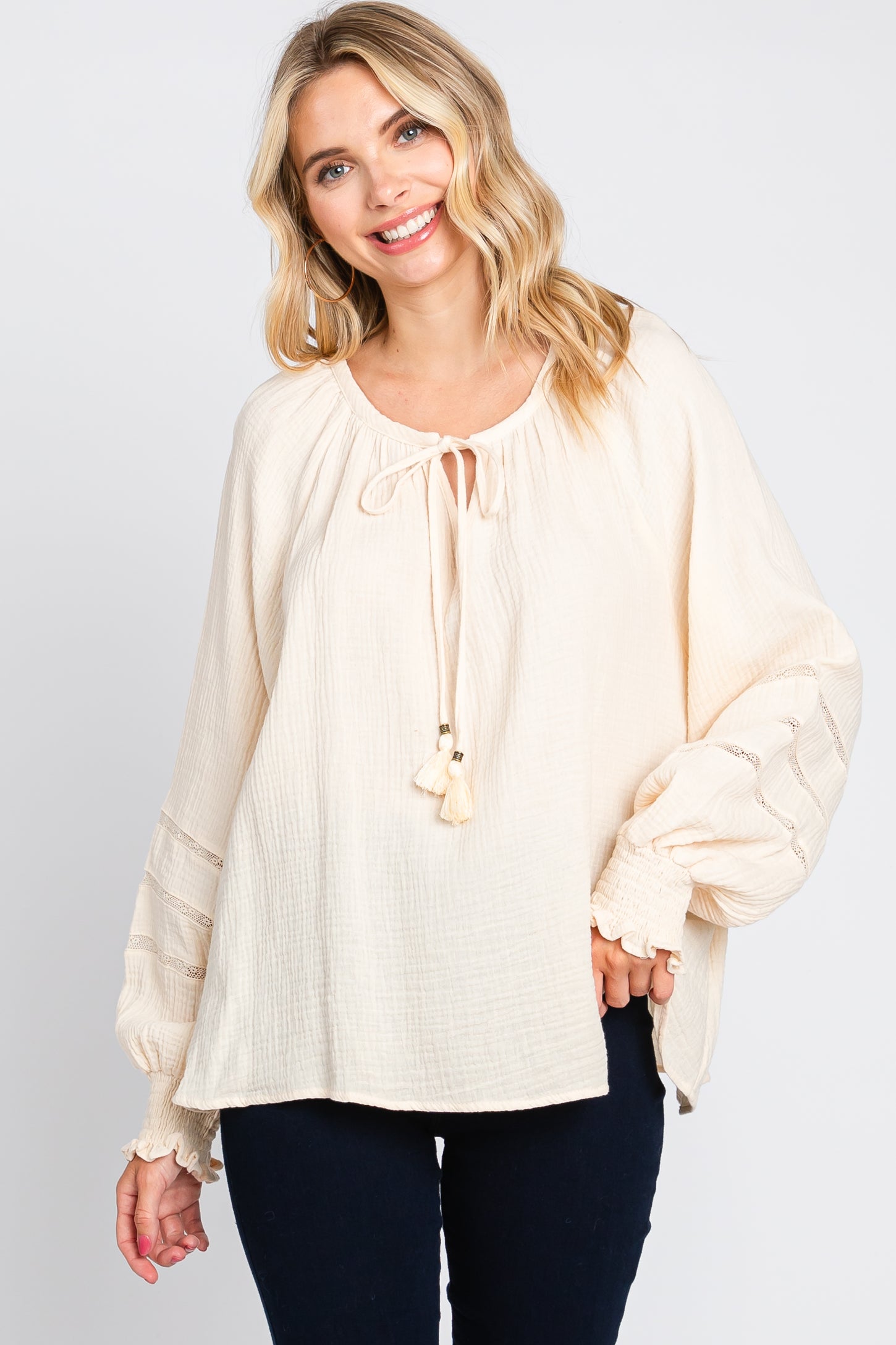 Cream Tie Front Long Sleeve Maternity Blouse
