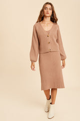 Taupe Ribbed Midi Dress and Cardigan Set