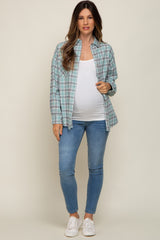 Mint Green Plaid Button Up Raw Edge Maternity Flannel Top