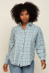 Mint Green Plaid Button Up Raw Edge Maternity Flannel Top