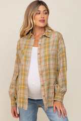 Gold Plaid Button Up Raw Edge Maternity Flannel Top