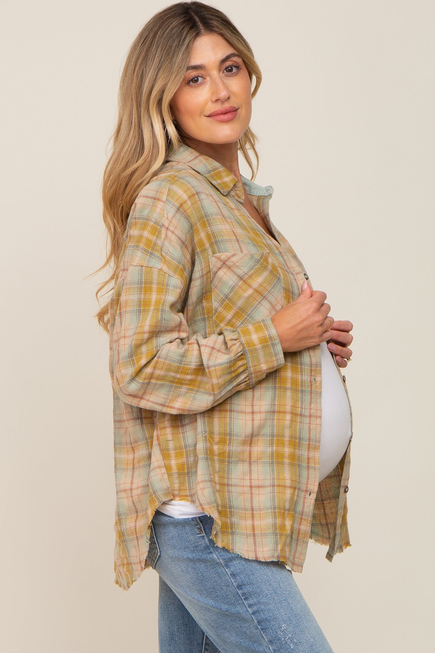 Gold Plaid Button Up Raw Edge Maternity Flannel Top