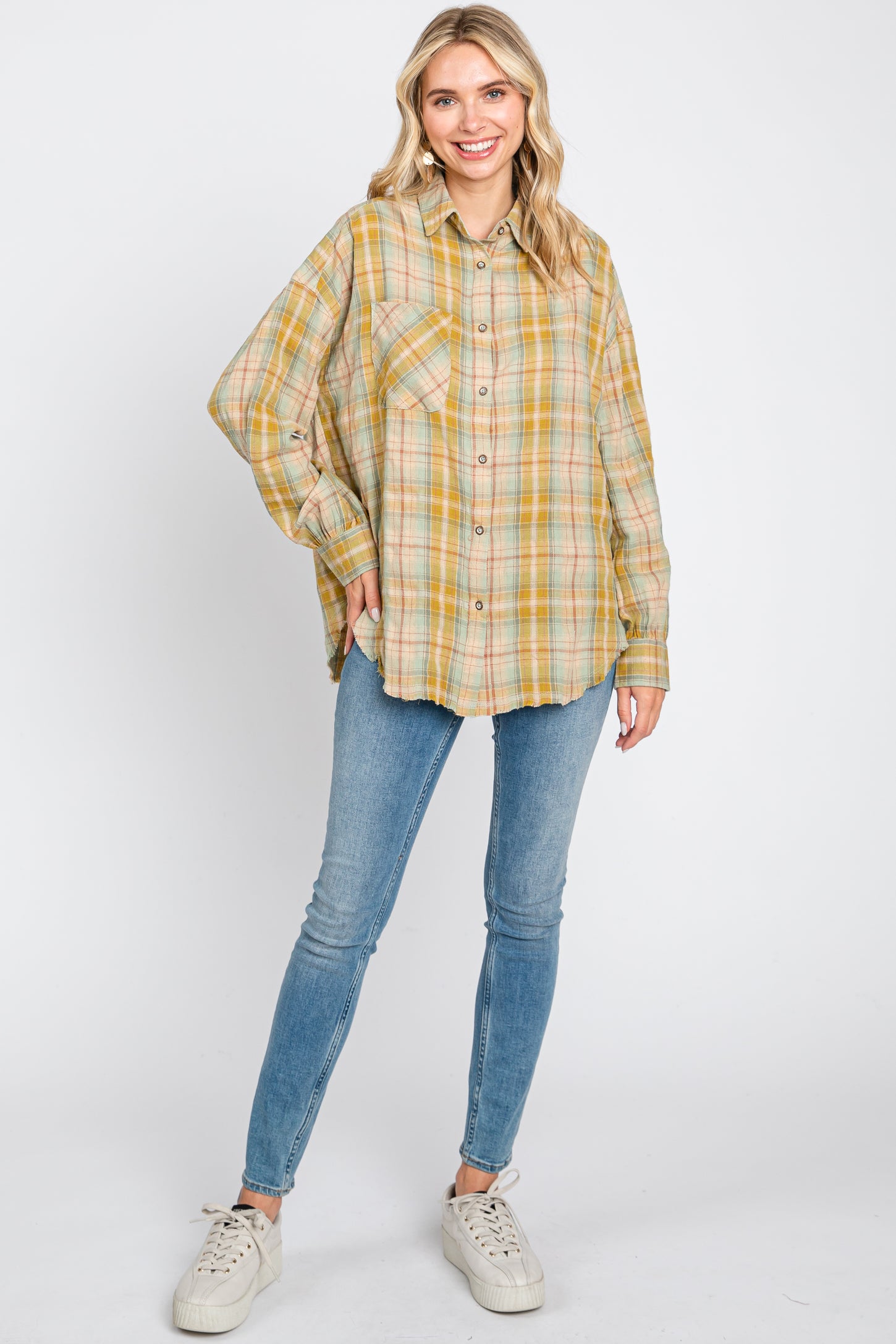 Gold Plaid Button Up Raw Edge Flannel Top