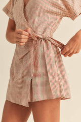 Red Grid Pattern Tied Romper