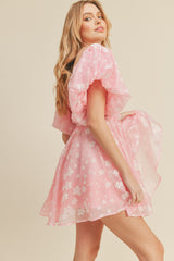 Pink Floral Bubble Sleeve Flared Mini Dress