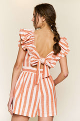 Orange Stripe Romper With Square Neck