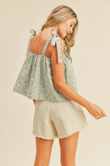 Blue Floral Button Down Tie Strap Tank