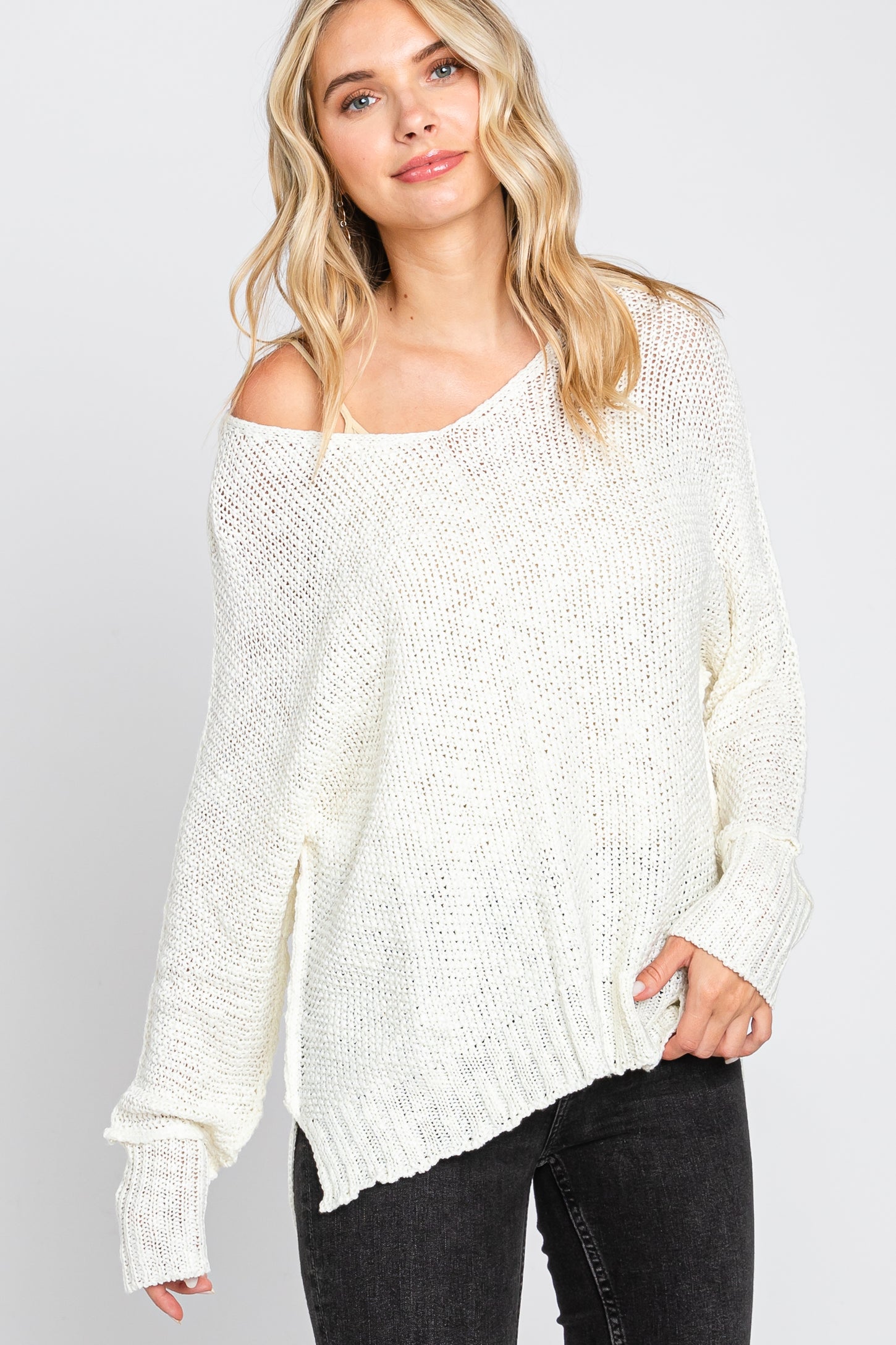 Cream Chunky Knit Side Slit Maternity Sweater